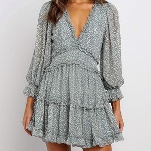 Green print ruffle dress